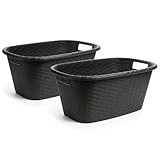 2friends Wäschekorb Set 2 Stück, Rattan-Design Schwarz, Oval 60x25x40 cm, 35L, Robuster Kunststoff, Mit Tragegriffen, Made in EU, Wäschewanne, Wäschebehälter für Bad und Haushalt
