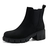 JABASIC Chelsea Boots für Damen Elastische Plateau-Stiefel zum Hineinschlüpfen (42,Wildleder-Schwarz)