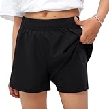 MEILONGER Mädchen Shorts Badehose 2 in 1 Jungen Boardshorts Kinder Kurze Leichte Casual Badeanzug Bademode mit Kompression Innenhose Verstellbare Tunnelzug(Schwarz,140-146)