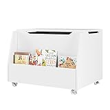 HOCSOK Spielzeugkiste aus Holz, Sitzbank mit Stauraum auf Rädern, Spielzeugtruhe mit Deckel Aufbewahrungstruhe mit großer Kapazität weiß