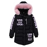 Daunenjacke Mädchen Kinder Parka Kapuzenjacke Mantel Langer Jacke aus Kunstpelz Warmer Winter (Schwarz, 130)