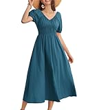 Damen Sommer Strandkleid Solid Baumwolle Maxikleid Atmungsaktiv Freizeitkleid Mittelalter Rüschen Abendkleid mit Tachen Blau XXL