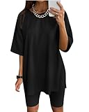 Eunike Oversized Tshirt Damen Oversize Shirt Longshirt Sportshirt Kurzarm Blusen Sommer Lockere Oberteile Funktionsshirt Tunika Locker mit Schlitzen A-Schwarz XXL