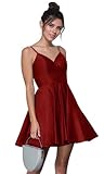 HSFIYAKJ Homecoming-Kleid mit V-Ausschnitt, kurze Spaghettiträgern, Satin, Ballkleid mit Taschen, dunkelrot, 38