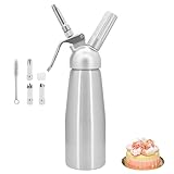 Buwico 500ml Sahnespender, Sahnesyphon Aluminium mit 3 Edelstahl Deko-Düsen und 1 Reinigungbürste, für die Zubereitung von Schlagsahne, Creme, Mousse und Desserts Edelstahl Sahnespender