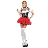 Dirndl Rot Kurz-Oktoberfest Damen Outfit Set 4 Teilig mit Dirndlkleid Kopfschmuck Halskette Weiße Socken Dirndl-Komplettsets Trachtenkleid Ohne Schürze Minikleid Sexy Dienstmädchen Dirndl für Damen