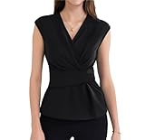 GRACE KARIN Ladies Bowtie Bluse Oberteil Business Schwarz Langarm Top Sexy V-Ausschnitt Wickelshirt Casual Kurzarm Top Schwarz M