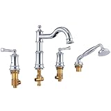 Römisches Wannenarmatur-Set mit Handbrause, Messing mit hohem Durchfluss, 45,7 - 61 cm, breite 4-Loch-Badewannenarmatur, 360-Grad-Schwenkauslauf, inklusive grobem Ventil, Doppelgriffe und Zuleitungen