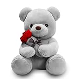 Teddybär, Plüsch-Bär, Teddy mit Rose, 23 cm Teddybären Rose Stofftier Spielzeug Dekozimmer Kissen, Plüschtier Kuscheltier Schmusetier Geschenke für Mama, Kinder Mädchen, Geburtstag, Valentinstag(Grau)