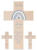 wunderwunsch - Personalisiertes Taufkreuz mit hochwertigem Spezial-Druck aus massivem Buchenholz - Taufe Geschenk - Holzkreuz Taufe (Regenbogen blau)