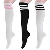 3 Paar Kniestrümpfe Damen Gestreifte Strümpfe Fußballsocken Weiche Baumwolle Sportsocken Unisex Überkniestrümpfe für Laufen Fußball Cheerleading Sport