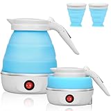 Kieselgel Faltbarer Wasserkocher Elektrisch Reisewasserkocher Mini Wasserkocher Kommt mit Zwei Silikonbechern Camping Wasserkocher Faltbarer Wasserkocher0.6L（Blau）