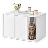 SONGMICS HOME Katzenklo-Schrank, Toolless-Technologie, Superschnelle werkzeuglose Montage, Katzenhaus für große Katzen, Push-to-Open Türen, Beistelltisch, minimalistisch, schneeweiß PCL013W01