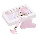 Lamkrtlp Rosenquarz Roller und Gua Sha Stein, Natural Jade Roller for Facial Massage, Gesichtsroller, Massagegerät, Gua Sha Beruhigt und Entspannt Die Haut