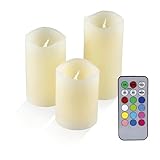 IOIO 3er Echtwachskerzen-Set mit Fernbedienung und Farbwechsel, LED 48, 40138, Beige