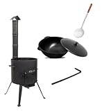 SET Kukmara Utschak mit Abzugs-Rohr, 37m + 10 Liter Gusseisen Kazan INNEN GLATT + 47cm Schaumlöffel - Feldküche, Gulaschkessel Feuerkessel Feuer-Ofen Outdoor für Kazan Kasan 10L