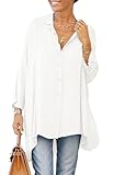 Cicy Bell Damen Bluse V-Ausschnitt Langarm Button Down Shirts Oversized Satin Hemden Elegant Casual Oberteile Einfarbig Tunika Tops Locker Longshirt Flowy Langarmshirt Weiß L