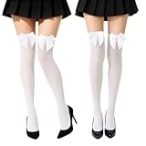 2 Paar weiße Kniestrümpfe mit Satinschleife, blickdichte Schleife Strümpfe Oberschenkelhohe Strümpfe für Oktoberfest, Halloween Mädchen, Frauen Valentinstag Gefälligkeiten
