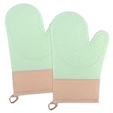 Ofenhandschuhe,2PCS Topflappen Silikon, Backofen Handschuhe eine Anti- Rutsch Oberfläche,die Innenseite ist aus Baumwolle, Handschuhe der Küche,Grün Oven Mitts