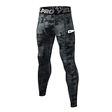 Ruowuhen Herren Kompressionshose mit Taschen, Männer Sport Leggings Laufhosen Schnelltrocknend Fitness Funktionsunterhose Tights Tarnfarben Schwarz L