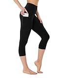 FOTOCITI Leggings Damen mit Tasche Capri Leggins High Waist Caprihose Sommer Blickdicht Sportleggins Sporthose Hose Gym Outdoor Yoga(Schwarz,S-M)
