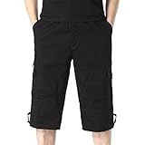 Männer Casual Solid Sommer Mittlere Taille Elastische Taille Lose Cargo Shorts Mit Taschen Schwarze Stoffhose Herren (Black, L)