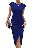 Missufe Elegant Wickelkleid Partykleid Figurbetontes Abendkleider Damen Cocktailkleid Bodycon Midikleid Sommerkleider (Navy Blau, groß)