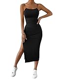 GORGLITTER Damen Rückenfrei Sommerkleid Midikleid Spaghettiträger Partykleid Bodycon Kleider mit Schlitz Schwarz S