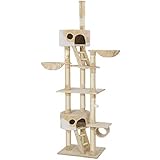 tectake Katzen Kratzbaum, Katzenbaum XXL, Kratzbaum deckenhoch, höhenverstellbar von 243-260cm, Kletterbaum mit Treppe, Höhle, Röhre, Liegemulde und Sisalsäule - beige/weiß