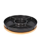 HOMLA Fincan Moderne Servierplatte Rund 6-teilig - Auffallendes Design Teller für Partys Feiern Snacks Häppchen - Porzellan und Bambusholz Ø 30 cm Schwarz