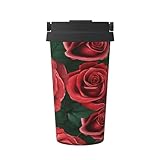 Isolierte Kaffeetasse Rote Rosen 500ml Kaffeebecher mit Deckel Auslaufsicher Edelstahl Becher für Eis/Heiß für Büro, Camping, Zuhause und mehr