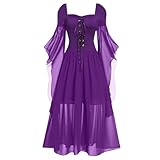 MNSWR Deku-Cosplay-Kostüm Frauen Halloween Mesh Spitze Big Swing Kleid Einfarbig Langes Kleid Solide Wein Party Kleid Wikingerhemden Für Frauen Im Mittelalter (Purple, XXL)