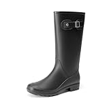 DREAM PAIRS Kniehohe Damen Regenstiefel mit seitlicher Schnalle Gummistiefel damen,Size 38,Schwarz,DWEMRB2503