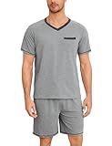 Litherday Schlafanzug Herren Kurz Baumwolle Shorty Pyjama Set Sommer V-Ausschnitt Kurzarm Zweiteiliger Nachtwäsche for Männer Grau M