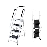 Trittleiter 4 Stufen mit handlauf und Rutschfester Stufen, Robuste Hochwertige Stahlstufen Haushaltstritt Stehleiter Klappleiter, 150 kg max Belastung