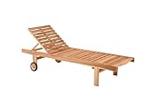 furnling Granada Gartenliege (65 x 200 x 36 cm), Teakholz, mit 5-Fach verstellbarem Kopfteil, 2 Räder, Garten, Terrasse, Balkon, Outdoor, Liege, Liegestuhl, Natur