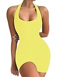 VUTRU Sexy einteiliges Tanktop für Damen, ärmellos, rückenfrei, figurbetont, Shorts, Jumpsuits, Bodysuit, Catsuit, gerippter Sport-Strampler, Nylon, Gelb, X-Large