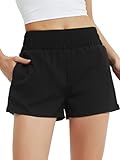 Soudittur Badeshorts Damen Badehose Hohe Taille Schnell Trocknende Boardshorts Wassersport 2 in 1 Laufhose Kurz Sporthose mit Reißverschlusstasche (S, Schwarz)