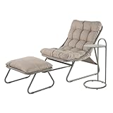 Grand patio Loungesessel Outdoor Gartenliege, Relaxsessel Sonnenliege Wetterfest, Liegestuhl mit Beistelltisch und Gartenhocker, Weiche Auflage, für Garten,Terrasse, Bis 150 kg, Champagnerfarben