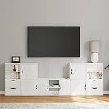 Emmtore Wohnwand mit Stauraum ODDA Massivholz Kiefer, TV-Schrank, TV-Ständer, TV-Bank, TV-Möbel, TV-Board, TV-Sideboard, Fernsehschrank Weiß,6 Shelves 4 Drawers