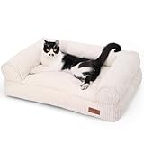FUKUMARU Katzensofa Bett, Corduroy Gemütliches Katzenbett für drinnen mit abnehmbarem waschbarem Bezug, Stützendes Anti-Rutsch Hundebett Sofa für kleine Hunde, 72 x 52 x 22 cm, Mittel, Creme
