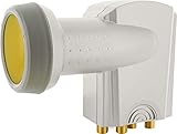 SCHWAIGER Quattro LNB 4 Teilnehmer LNC 4-Fach digital HD 4K 4fach Sun Protect hitzebeständig bis 220°C F-Anschlüsse vergoldet Multischalter notwendig für SAT Antenne Satellitenschüssel hellgrau