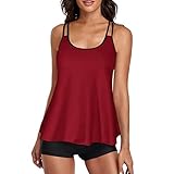 Damen Spitze Tankini Bauchweg Bademode Set Freizeit Zweiteiler Tankinis Push Up Top Oberteile Badeanzug Mehrfarbig Sommer Elegant Badeanzüge Strandmode mit Dreieck Unterhosen (A1-Rot,S)