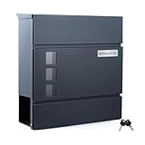 Zedelmaier Personalisiert Briefkasten mit Edelstahl Namensschild Wandbriefkasten Postkasten Briefkästen mit Zeitungsfach inkl. 2 Schlüsseln und Schloss Mailbox Anthrazit (10 X 31 X 33 cm)