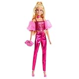 Barbie Deluxe Style-Puppe #5 in rosafarbenem Metallic-Outfit, blond, mit glitzerndem Korsett-Top und glänzender Hose mit Accessoires wie Einer rosafarbenen Kette und Einer Handtasche, JFP40