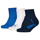 PUMA Unisex Kids BWT Recycled Cotton Quarter Sock, Navy/White/Strong Blue, 31/34 (3er Pack)