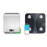 ETEKCITY Küchenwaage digital 5KG, LCD-Display, Edelstahl Wiegefläche, Flüssigkeitsmessung, Tara-Funktion, 1g genau, Silber + ETEKCITY Körperfettwaage Bluetooth, APP, Körperanalyse, BMI, 180kg, FIT8S