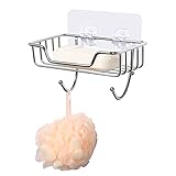 Seifenschale ohne Bohren, Uten Seifenhalter Edelstahl Selbstklebend mit 2 Haken, Schwammhalter für Dusche, Bad, Küche