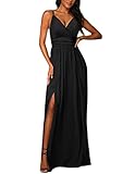 JENJON Damen Sommer Kleid Elegant Off Shoulder Kurzarm Ohne Arm V-Ausschnit Tunika Maxikleider Casual Hohe Taille Saumschlitz Cocktailkleid A-Schwarz L