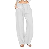 Awrvia Leinenhose Damen Sommer Freizeit Hose Lang Locker Sommerhose Casual Einfarbig Leinenhose Baumwolle Gerades Bein Bequeme Stoffhose Leicht Einfarbig Strandhose mit Kordelzug und Taschen